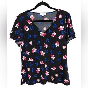 Calvin Klein-Large Short Sleeve Blouse-black w/pink & blue floral design